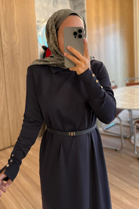 Belted Shirt Collar Mercerized Dress - Smoked Colored