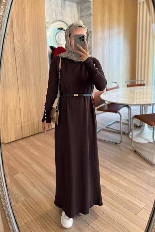 Belted Shirt Collar Mercerized Dress - Brown