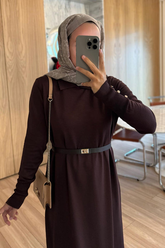 Belted Shirt Collar Mercerized Dress - Brown