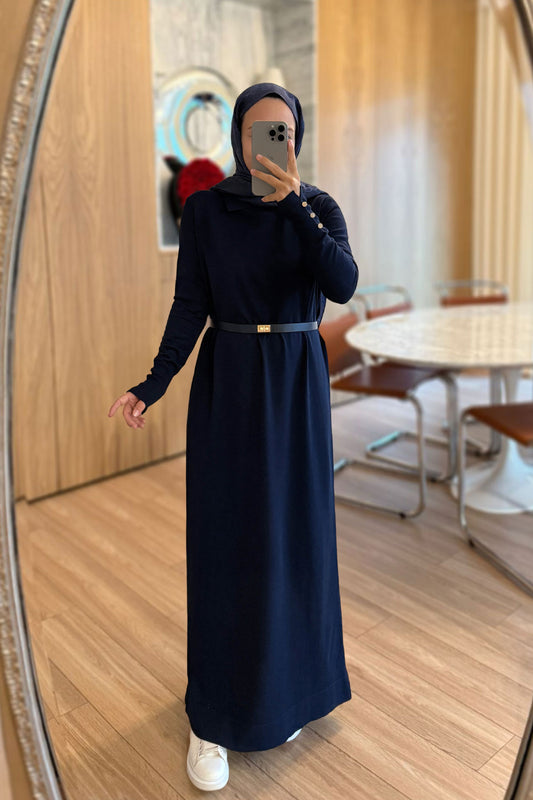 Belted Shirt Collar Mercerized Dress - Navy Blue