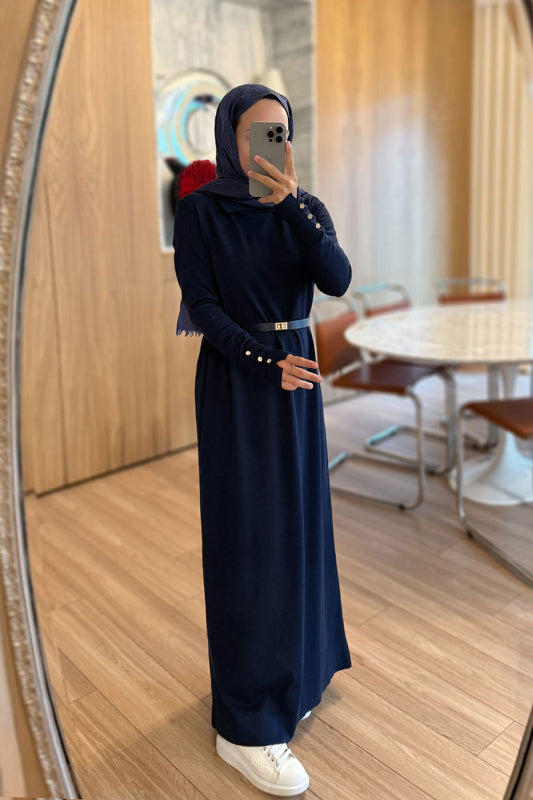Belted Shirt Collar Mercerized Dress - Navy Blue