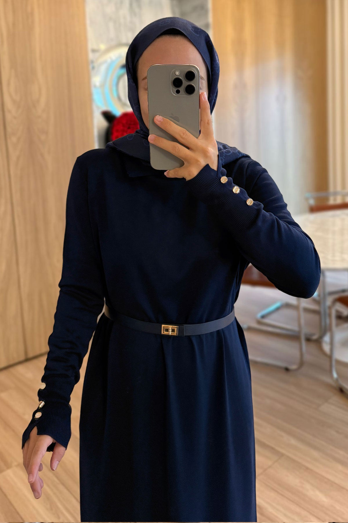 Belted Shirt Collar Mercerized Dress - Navy Blue