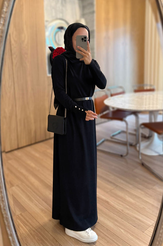 Belted Shirt Collar Mercerized Dress - Black