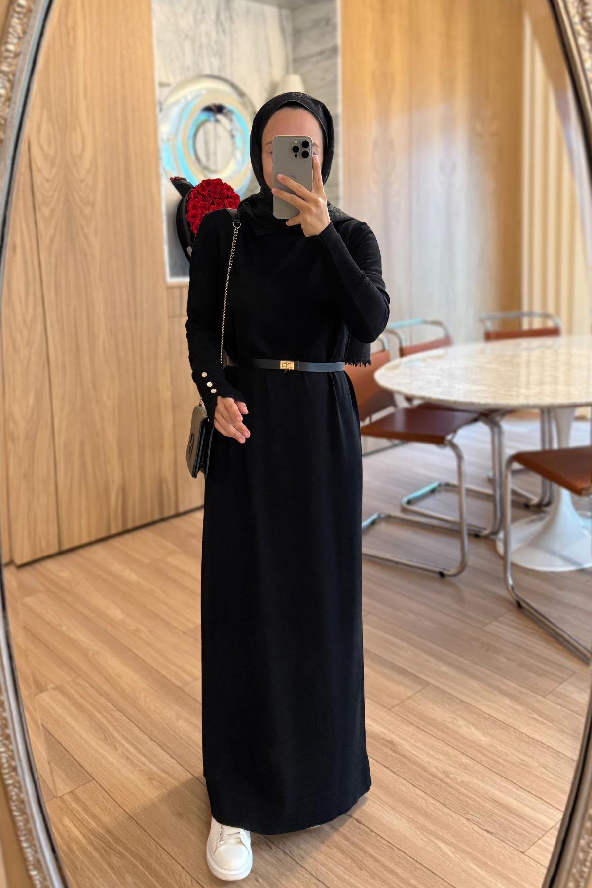 Belted Shirt Collar Mercerized Dress - Black