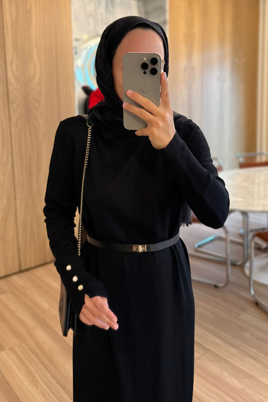 Belted Shirt Collar Mercerized Dress - Black