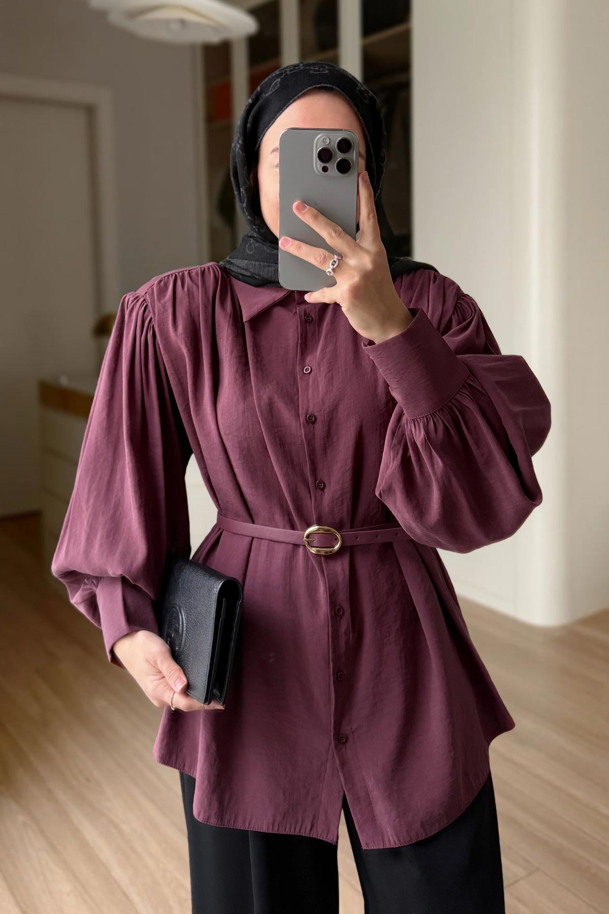 Belted Padded Shirt - Plum