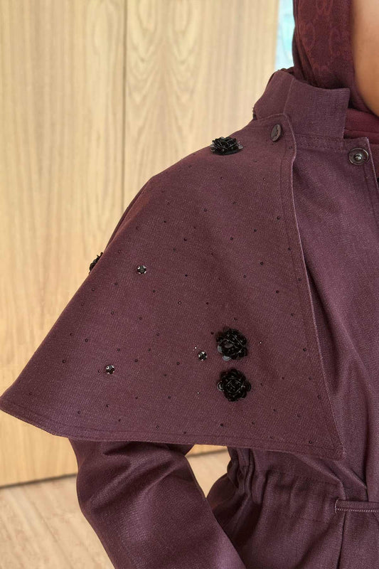Rose Detailed Shoulder Cape Trench Coat - Burgundy
