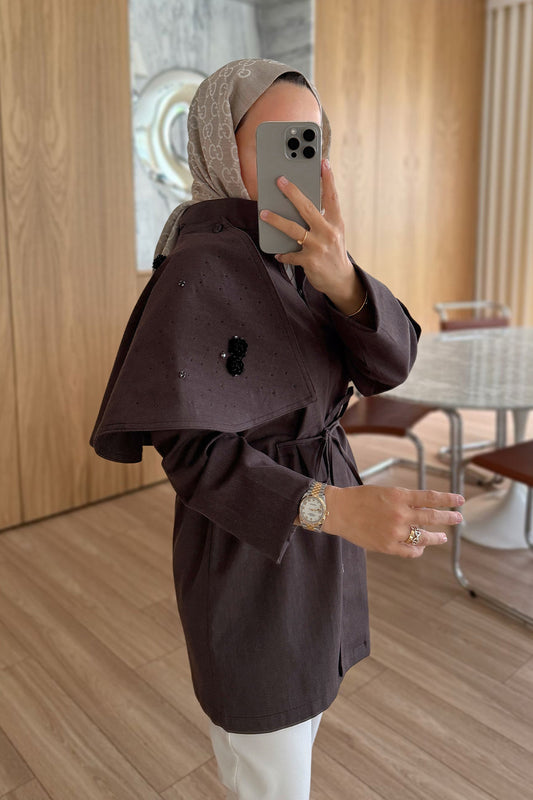 Rose Detailed Shoulder Cape Trench Coat - Brown