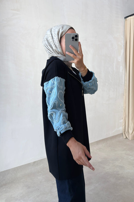 Knitwear Cardigan with Denim Detail - Black