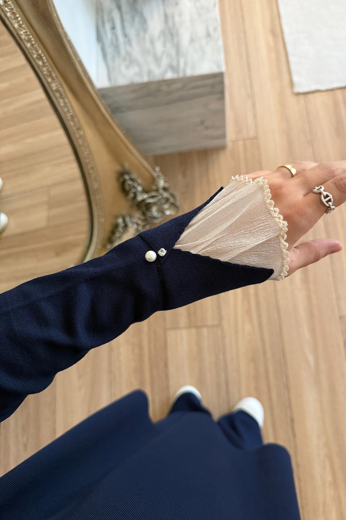 Mercerized Suit with Tulle Sleeves - Navy Blue