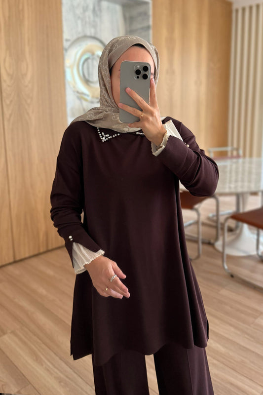 Mercerized Suit with Tulle Sleeves - Brown