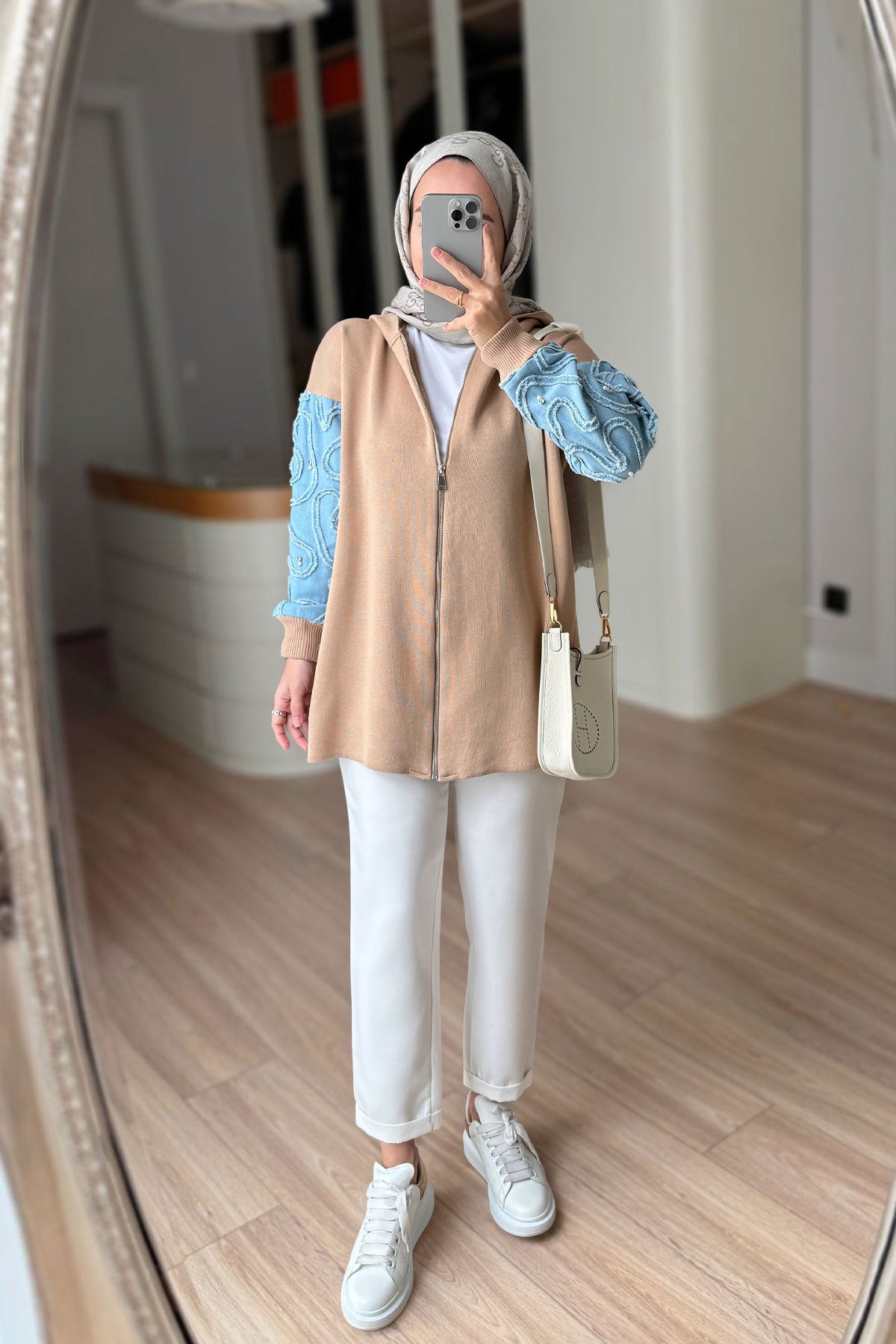 Knitwear Cardigan with Denim Detail - Camel