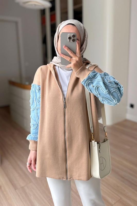 Knitwear Cardigan with Denim Detail - Camel