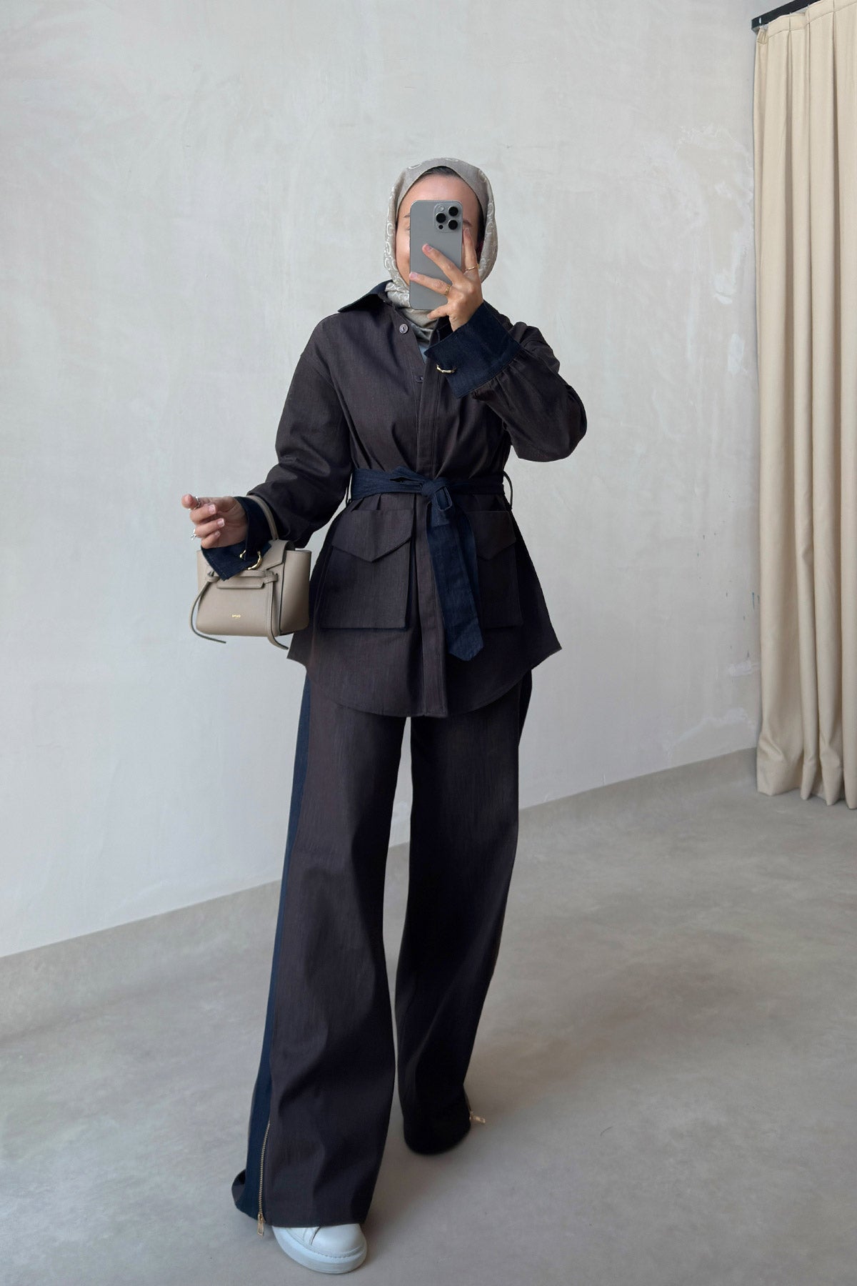 Two-Piece Denim Suit with Contrast Trim - Brown