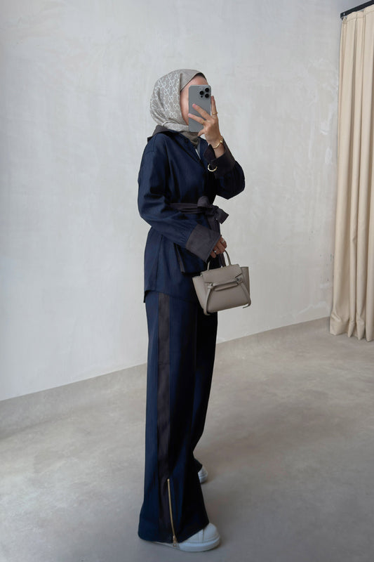 Two-Piece Denim Suit with Contrast Trim - Navy