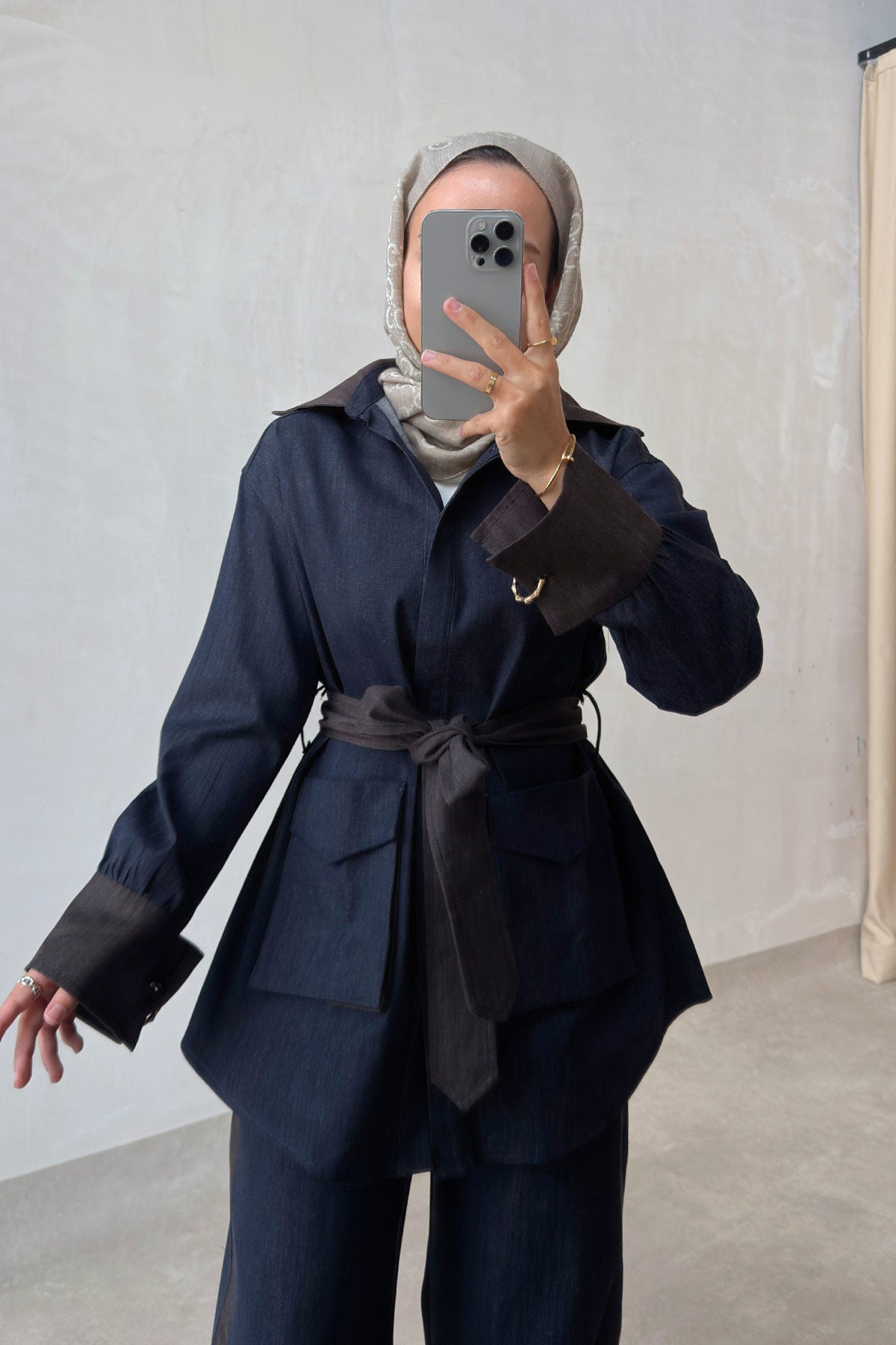 Two-Piece Denim Suit with Contrast Trim - Navy