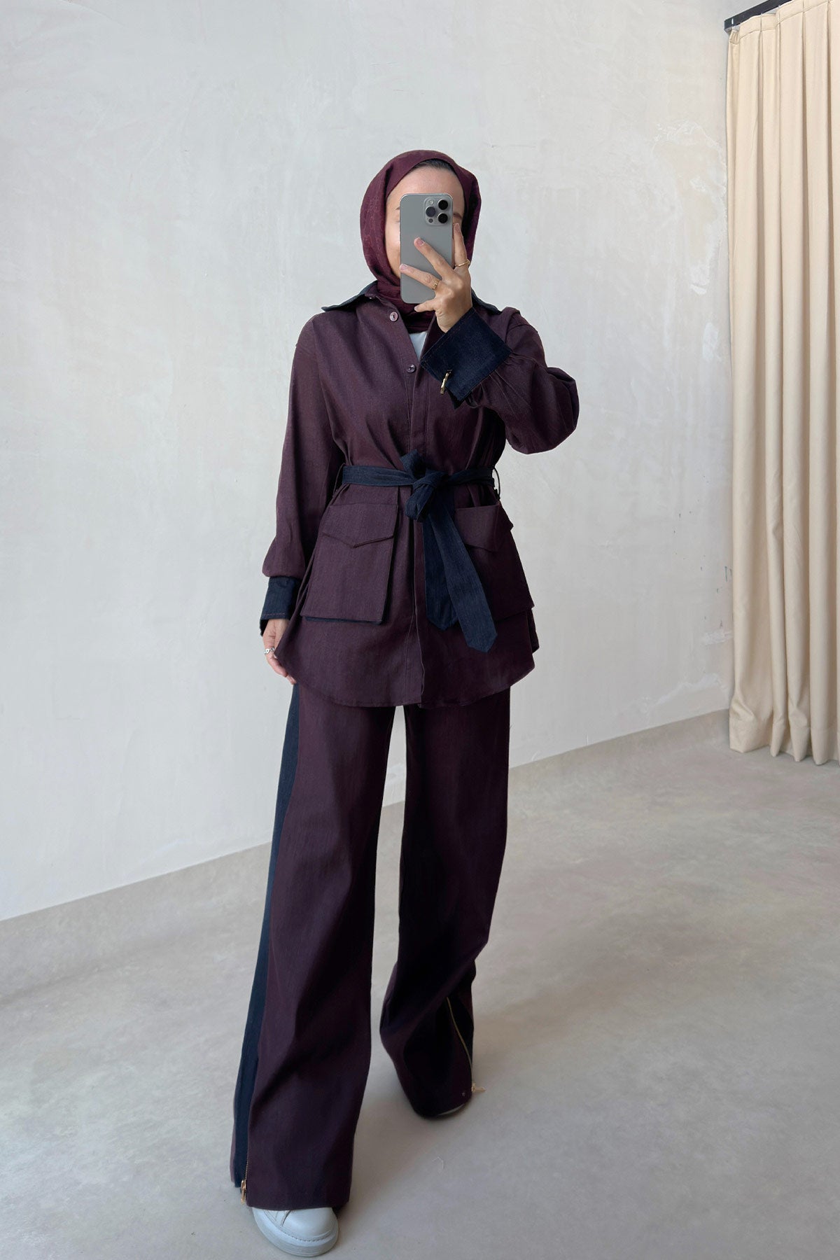 Two-Piece Denim Suit with Contrast Trim - Burgundy
