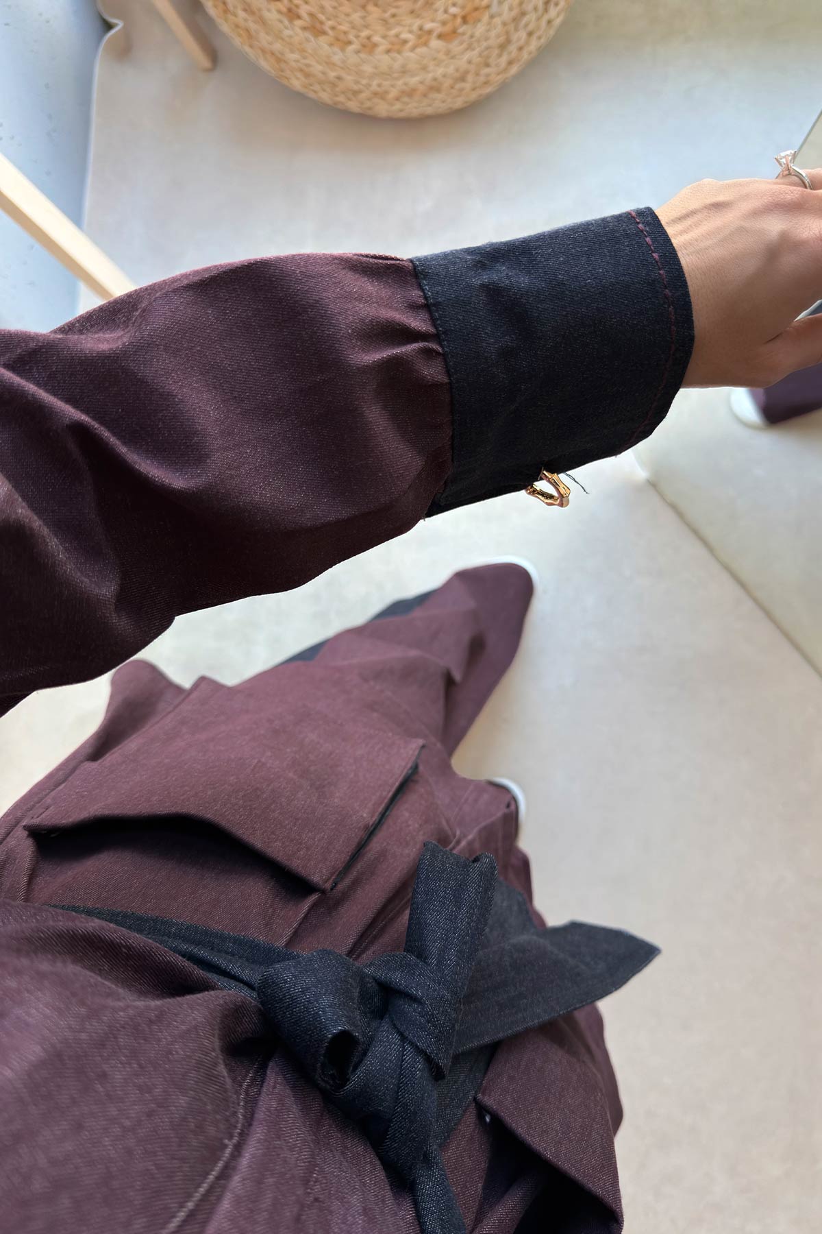 Two-Piece Denim Suit with Contrast Trim - Burgundy