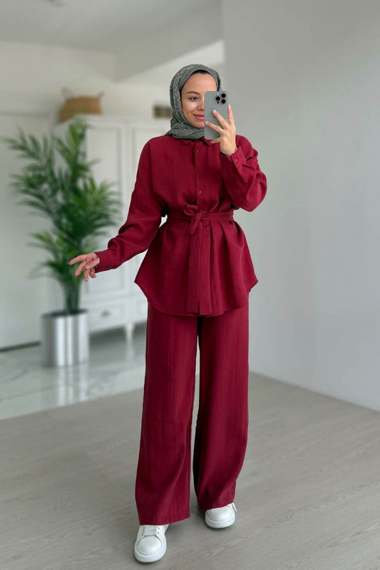 Girdle Detail Draped Double Suit - Burgundy