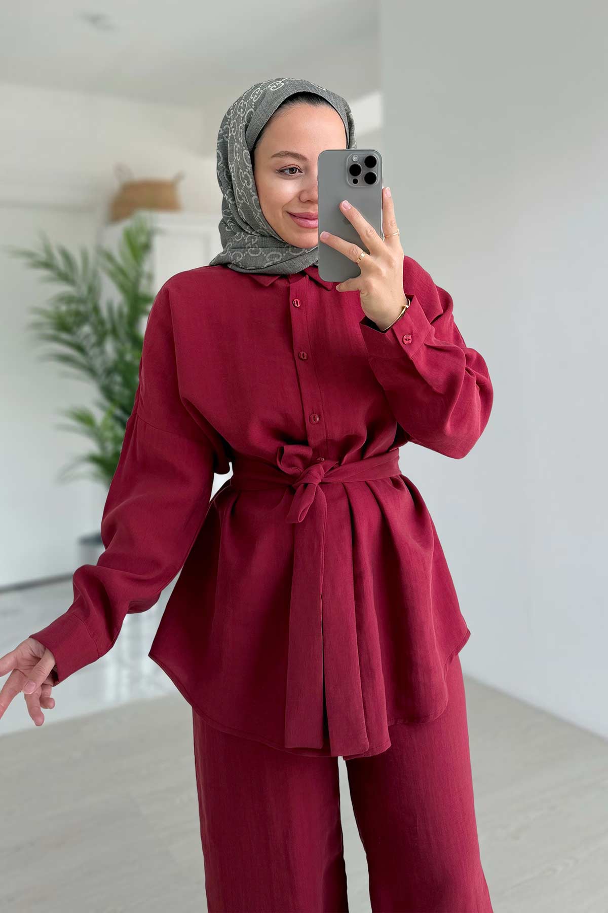 Girdle Detail Draped Double Suit - Burgundy