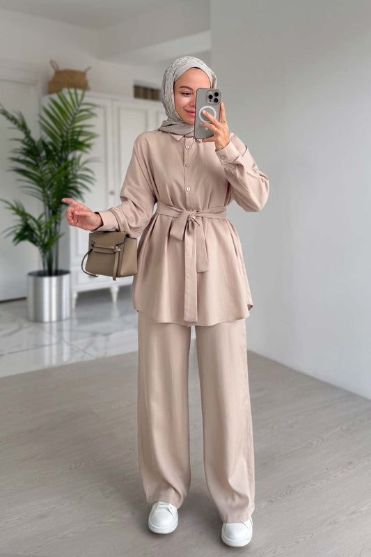 Girdle Detail Draped Double Suit - Beige