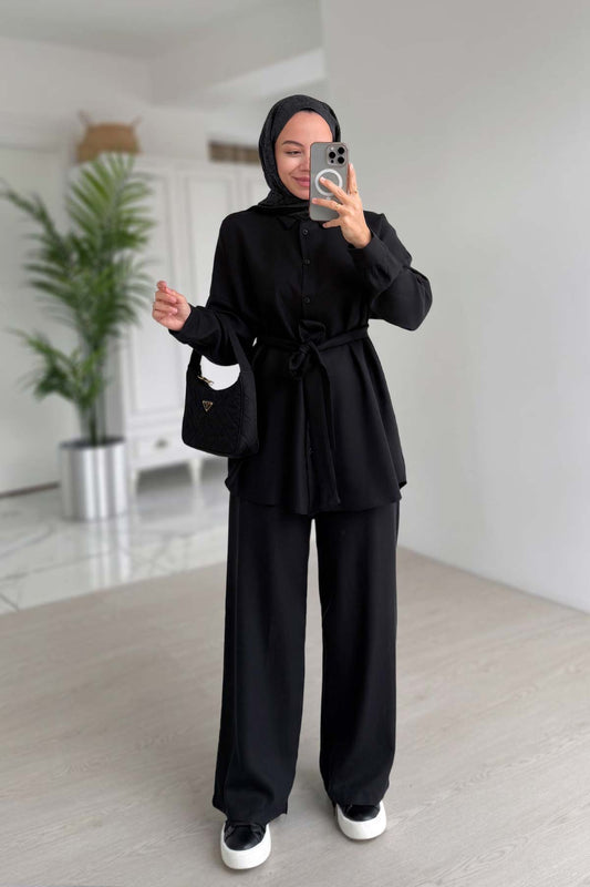 Girdle Detail Draped Double Suit - Black