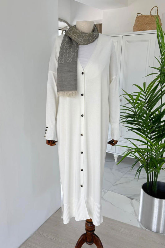 Maxi-Length Buttoned Mercerized Cardigan - White