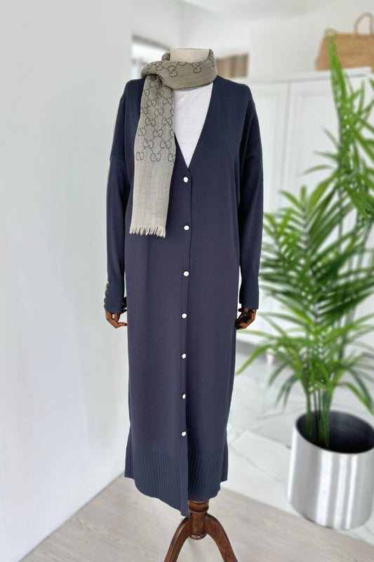 Maxi-Length Buttoned Mercerized Cardigan - Smoked Colored