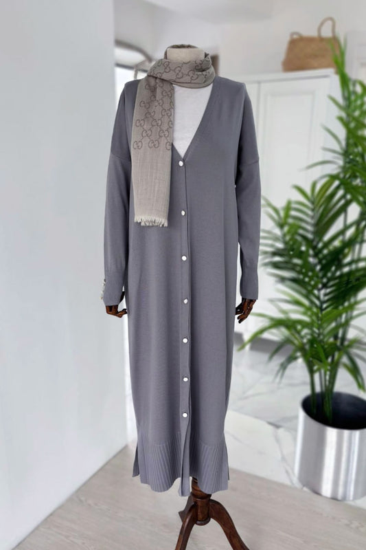 Maxi-Length Buttoned Mercerized Cardigan - Grey