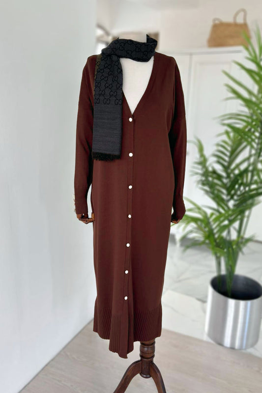 Maxi-Length Buttoned Mercerized Cardigan - Brown