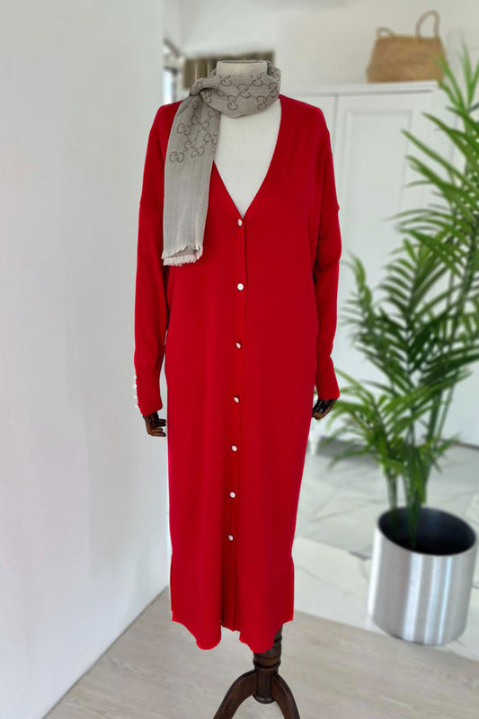Maxi-Length Buttoned Mercerized Cardigan - Red