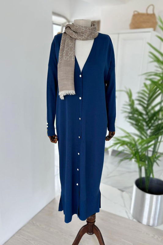 Maxi-Length Buttoned Mercerized Cardigan - Petrol