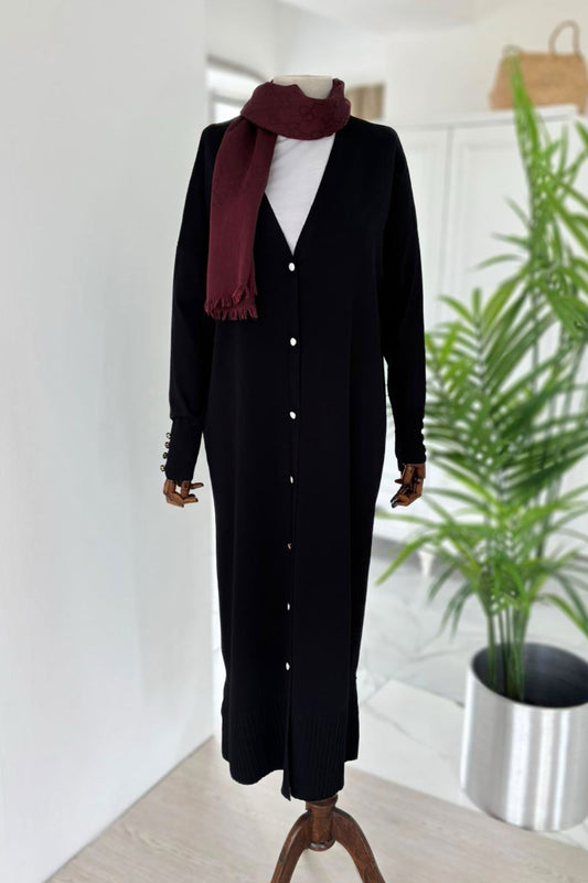 Maxi-Length Buttoned Mercerized Cardigan - Black