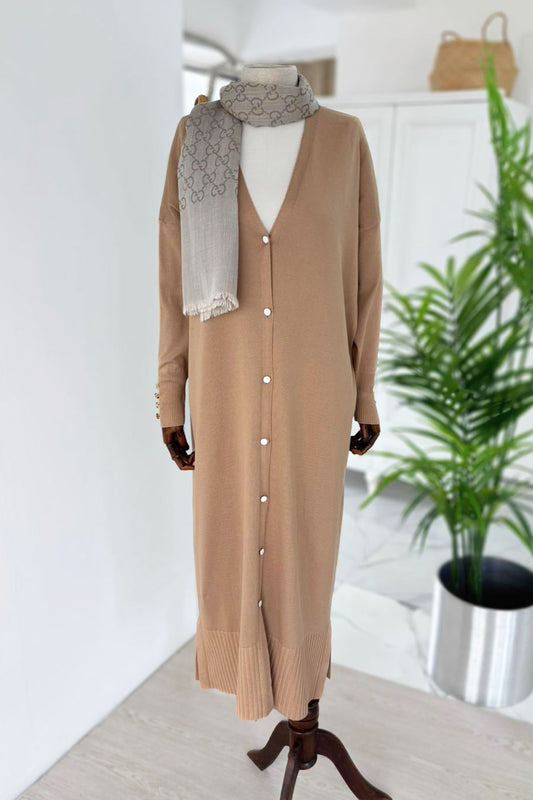 Maxi-Length Buttoned Mercerized Cardigan - Coffee Milk