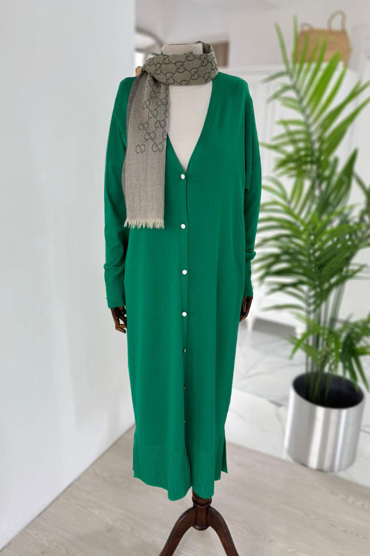 Maxi-Length Buttoned Mercerized Cardigan - Green