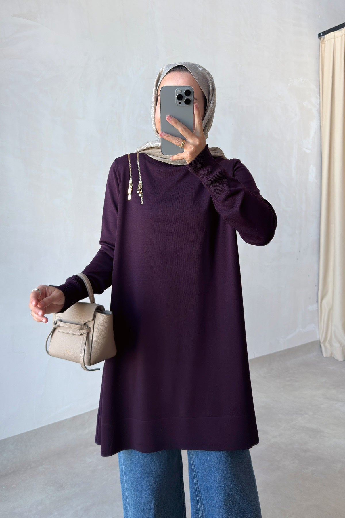 Zip-Shoulder Mercerized Tunic - Plum