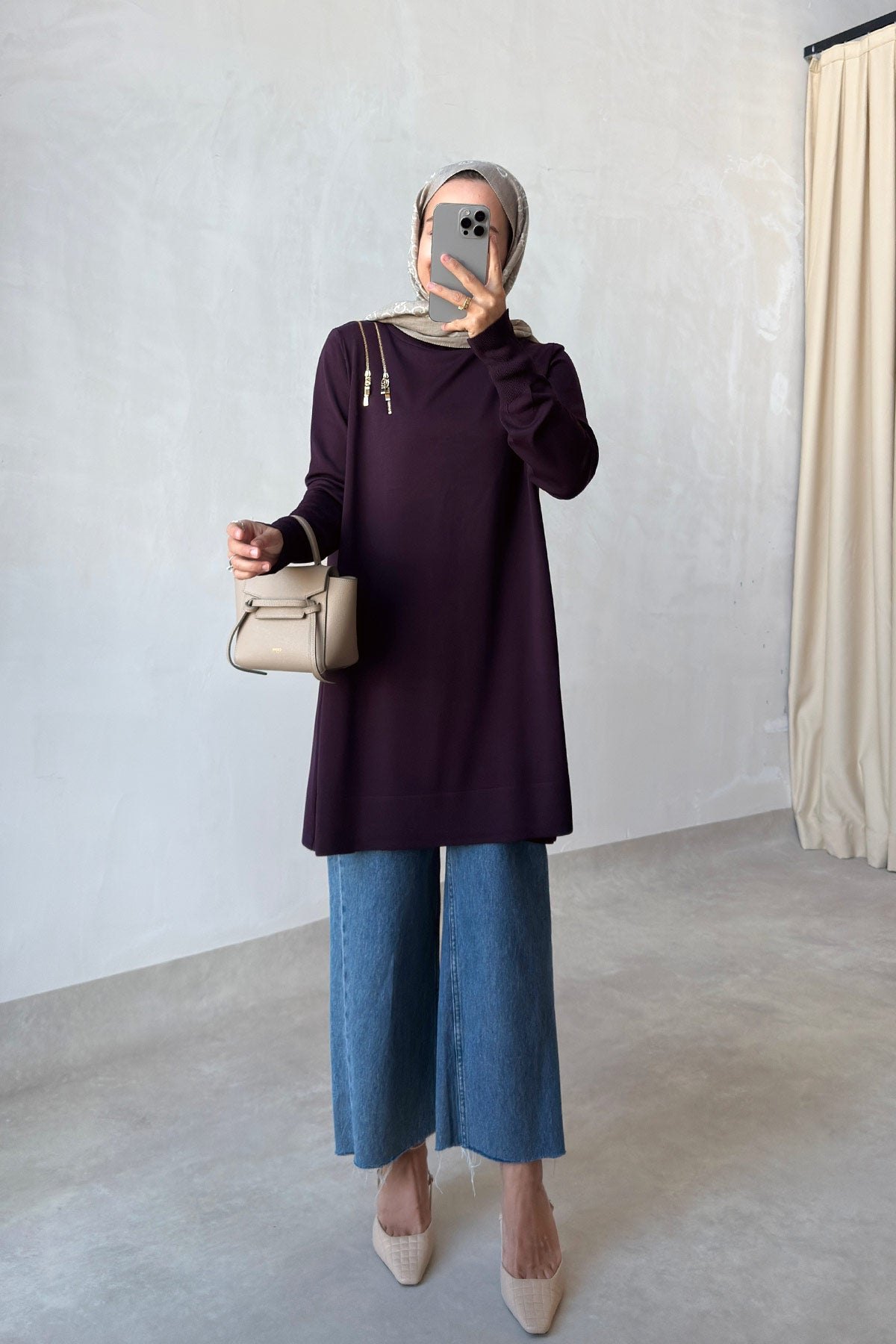Zip-Shoulder Mercerized Tunic - Plum