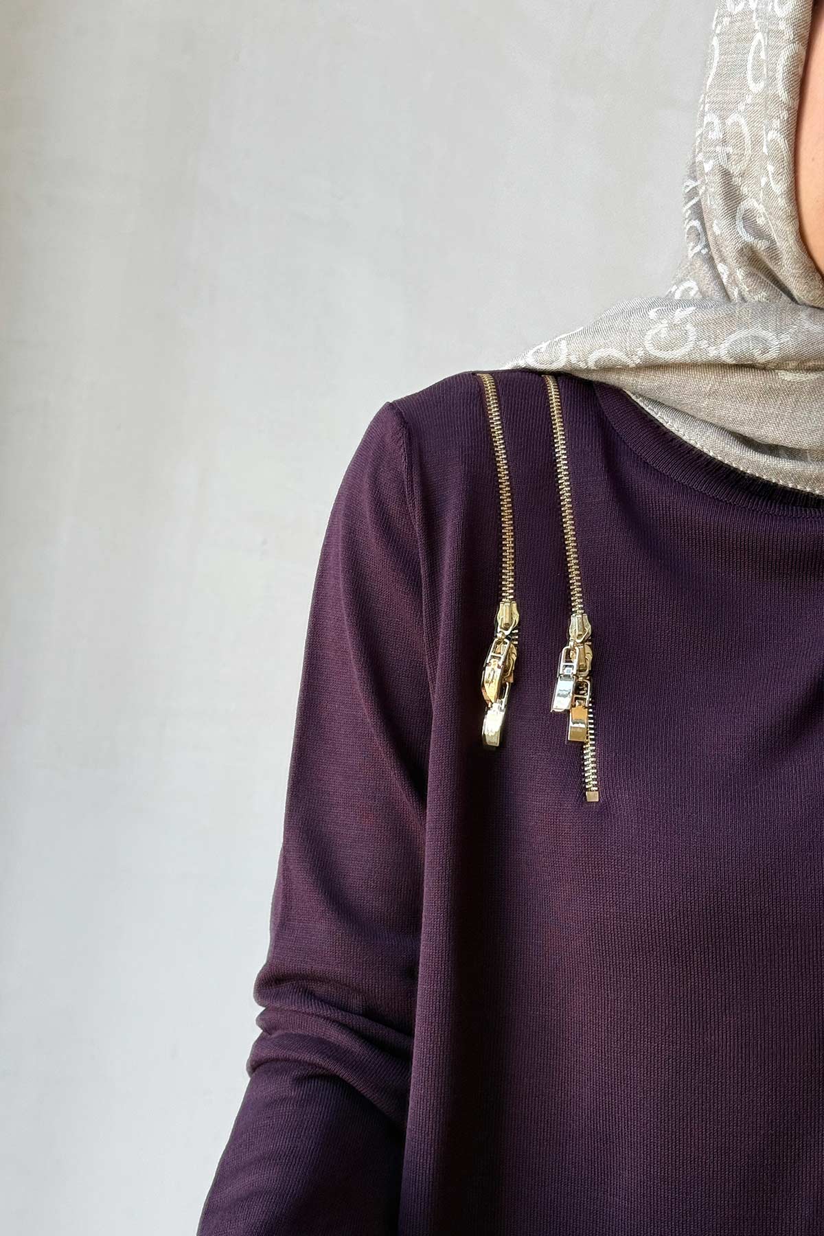 Zip-Shoulder Mercerized Tunic - Plum
