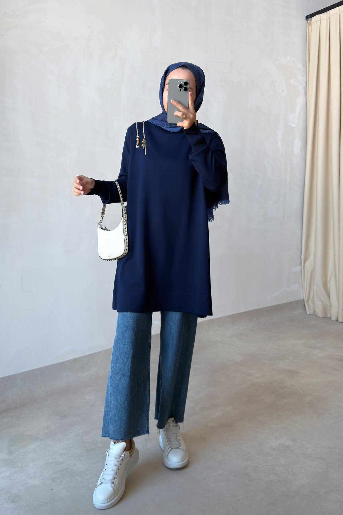 Zip-Shoulder Mercerized Tunic - Navy
