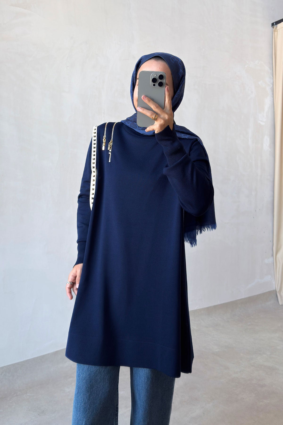 Zip-Shoulder Mercerized Tunic - Navy