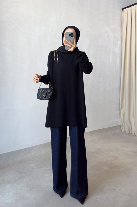 Zip-Shoulder Mercerized Tunic - Black