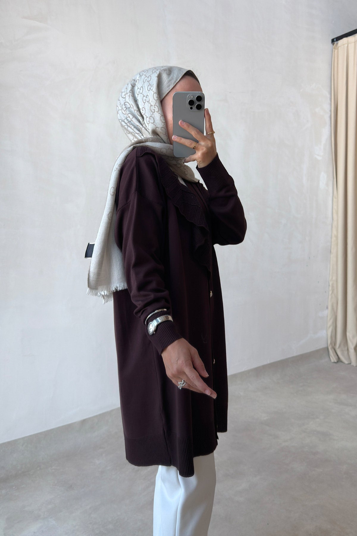 Ruffle Shoulder Brown Mercerized Cardigan