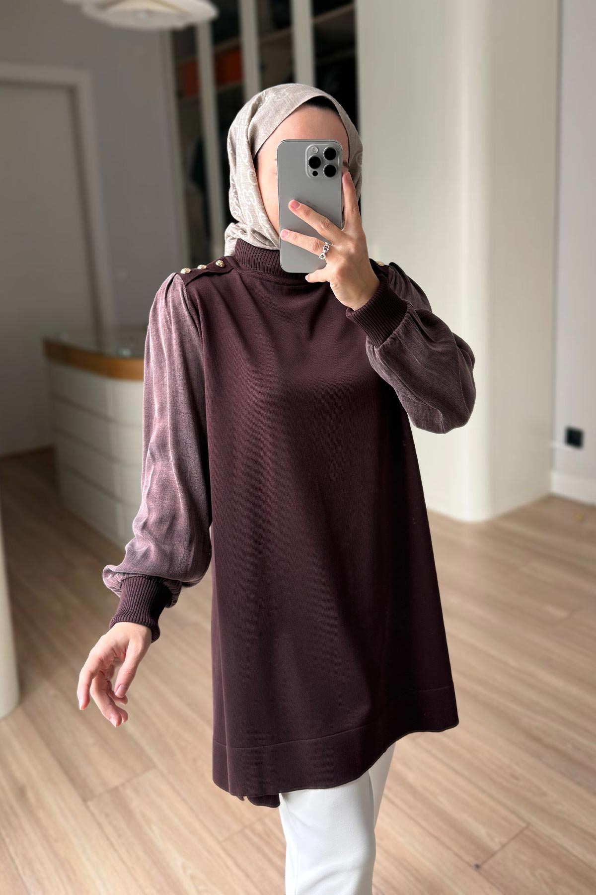 Button-Shoulder Mock Neck Mercerized Tunic - Brown