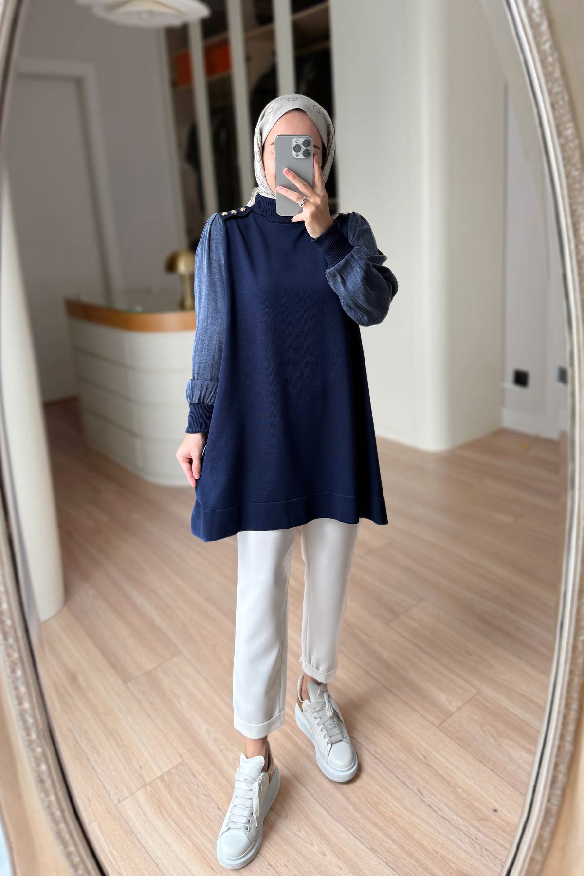 Button-Shoulder Mock Neck Mercerized Tunic - Navy Blue