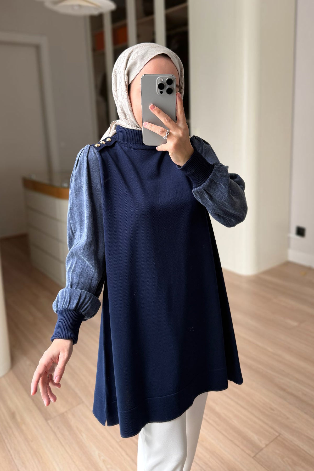 Button-Shoulder Mock Neck Mercerized Tunic - Navy Blue