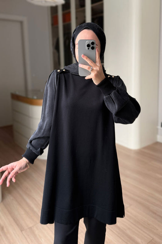 Button-Shoulder Mock Neck Mercerized Tunic - Black