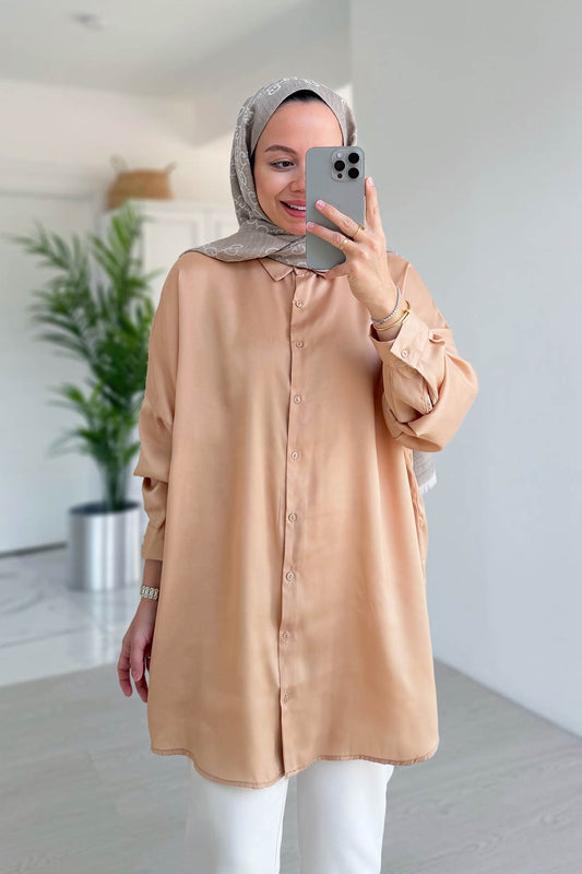 Oversize Satin Shirt - Camel