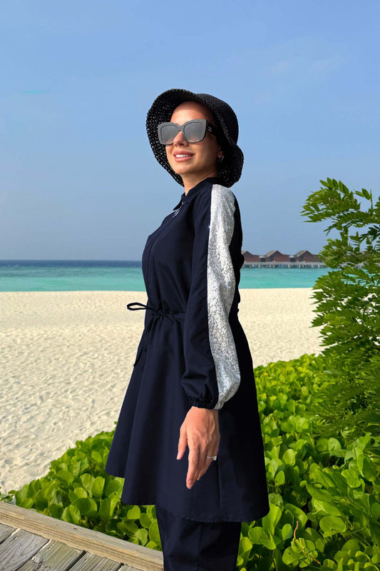Sequin Detail Modest Swimsuit - Navy Blue