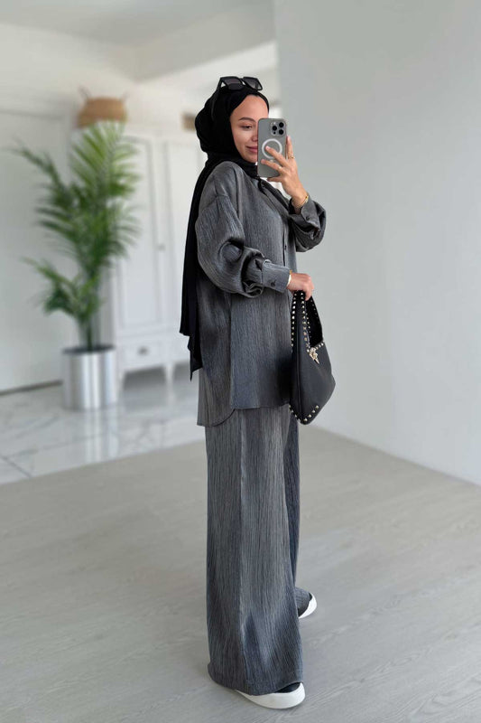 Shiny Textured Loose-Fit Two-Piece Suit - Anthracite