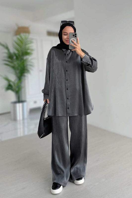Shiny Textured Loose-Fit Two-Piece Suit - Anthracite